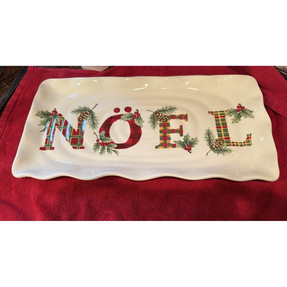 Maxcera Noel Christmas Platter‎ 17" Plaid Pinecone Holiday Serving Tray
